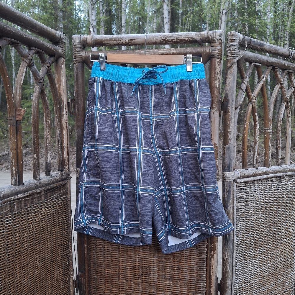 🍀3/15 Men's Blue and Gray Plaid Swim Trunks